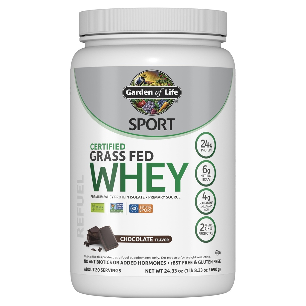 Garden of Life Sport Whey Protein Powder Chocolate, Premium Grass Fed Whey Protein Isolate Plus Probiotics för Immune System Health, 24g Protein, Non GMO, Gluten Free, Cold Processed - 20 portioner