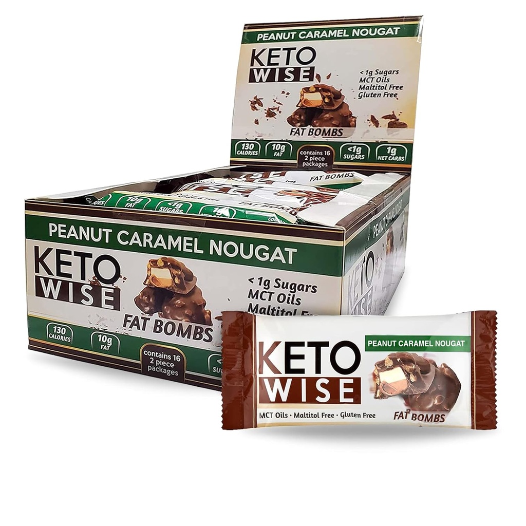 Keto Wise Fat Bombs - Tillverkad med choklad som innehåller MCT Oil - Low Fat, Low Carb och Keto Friendly Snack - 7g Fat, 2g Net Carbs | Peanut Caramel Nougat, Pack av 16