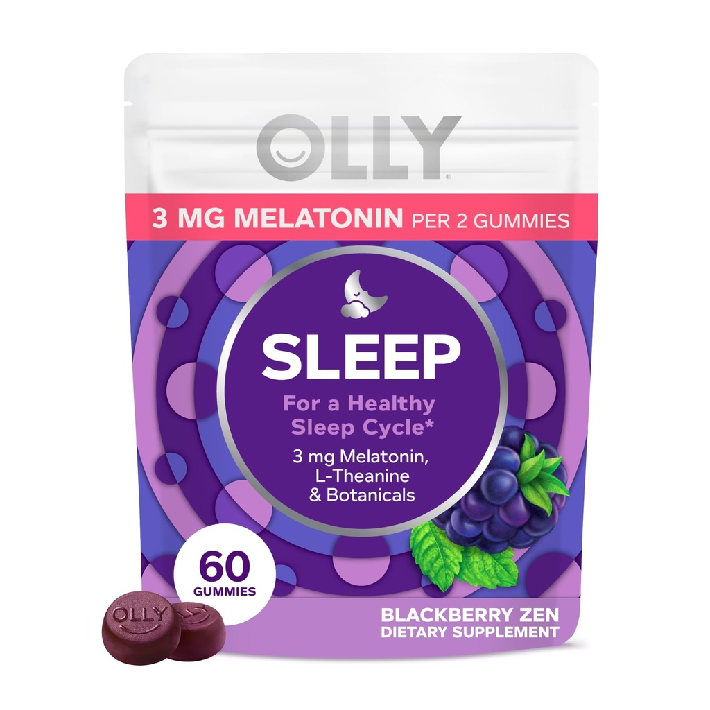 OLLY Sleep Gummy, 3 mg Melatonin, L-Theanine, Chamomile och Lemon Balm Extracts, Blackberry Flavor, 30 Day Supply - 60 Count
