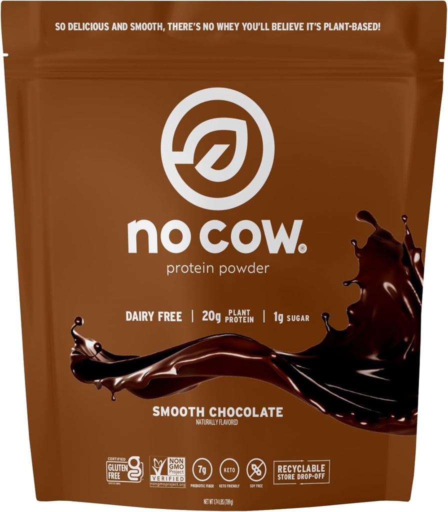 No Cow Vegan Protein Powder, Chocolate, 20g Plant Based Protein, Recyclable Bag, Dairy Free, Soy Free, No Sugar Added, Keto Friendly, Gluten Free, Naturally Sweetened, Non GMO, Kosher, 1,74 Pound