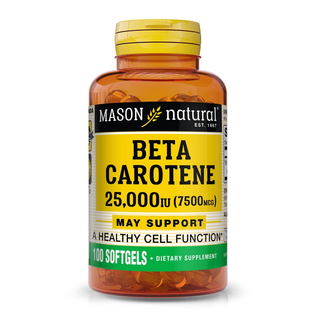 Mason Natural Vitamin A Beta Carotene 25 000 IE, stöder vision, cellfunktion och immunhälsa, 100 Softgels, Pack of 3