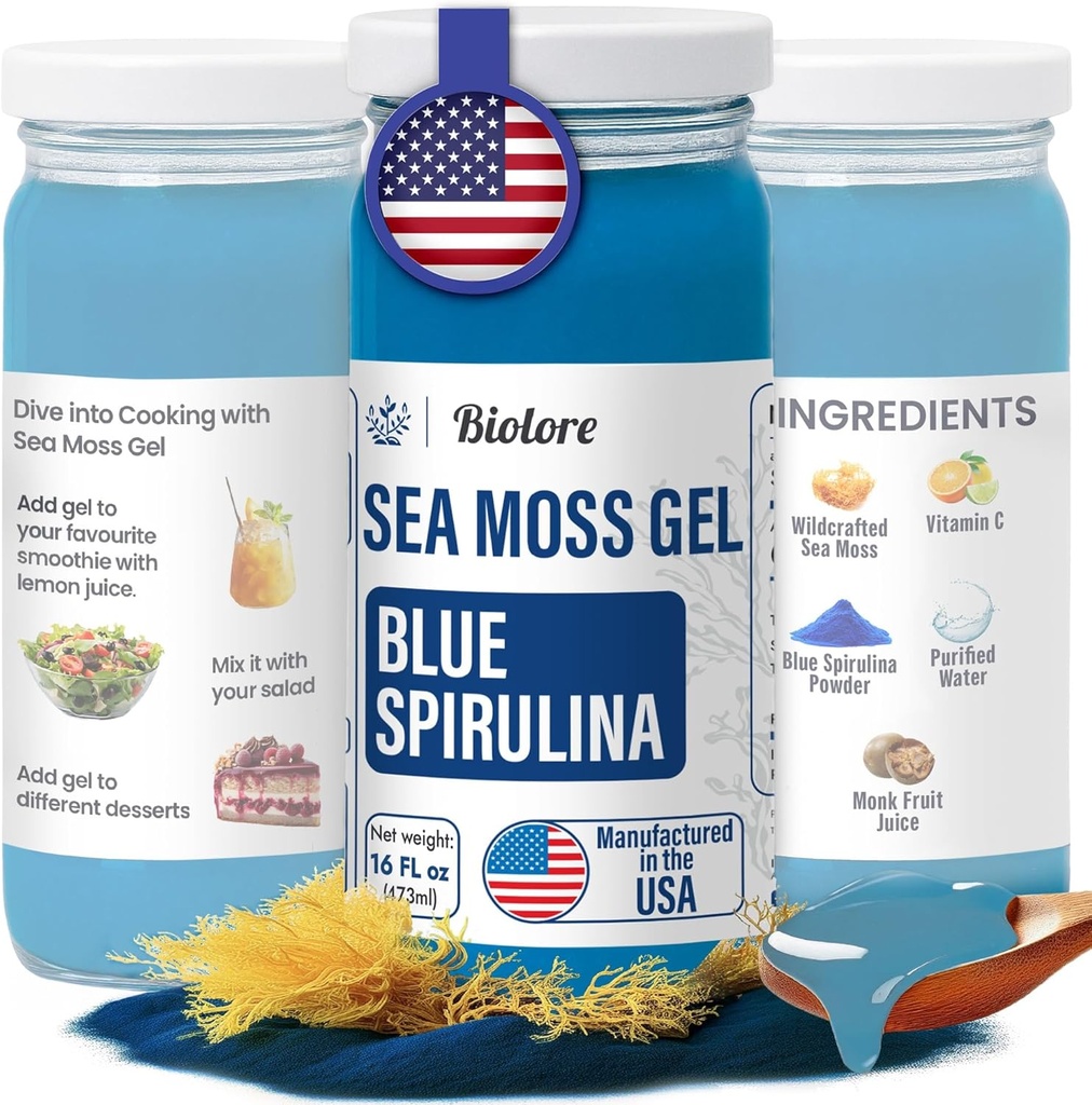 Biolore Wildcrafted Sea Moss Gel - Blue Spirulina 16 oz - smaksatt Sea Moss Gel med viktiga vitaminer och spårmineraler - Vegan Superfood - Tillverkad i USA, Gluten-Free, No Added Sugar