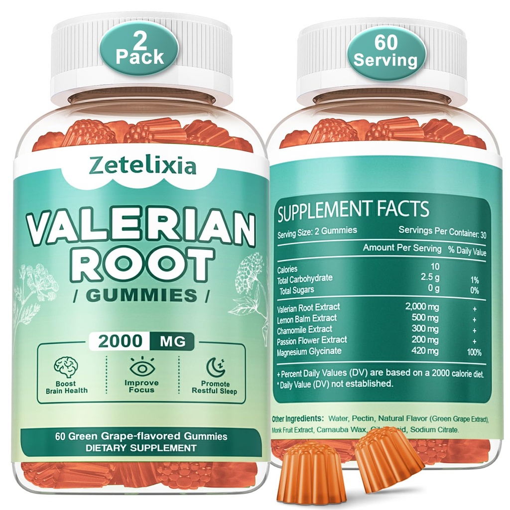 2 Pack Organic Valerian Root Gummies, Natural Calm för att hjälpa till med avkoppling, Herbal Supplement för humörstöd, Melatonin Free, Non-GMO, Gluten Free, Vegan, Green Grape Flavor, 120 Count