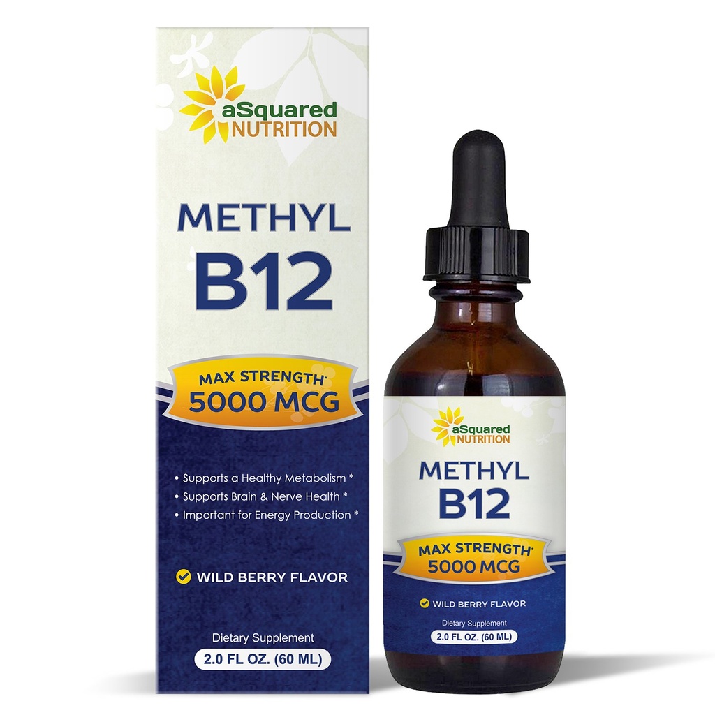 aSquared Nutrition Vitamin B12 Sublingual Liquid Drops - 5000 MCG Supplement med Methylcobalamin (Methyl B-12) - Max Absorption B 12 för att öka energi - Vegan Friendly - 2 fl oz