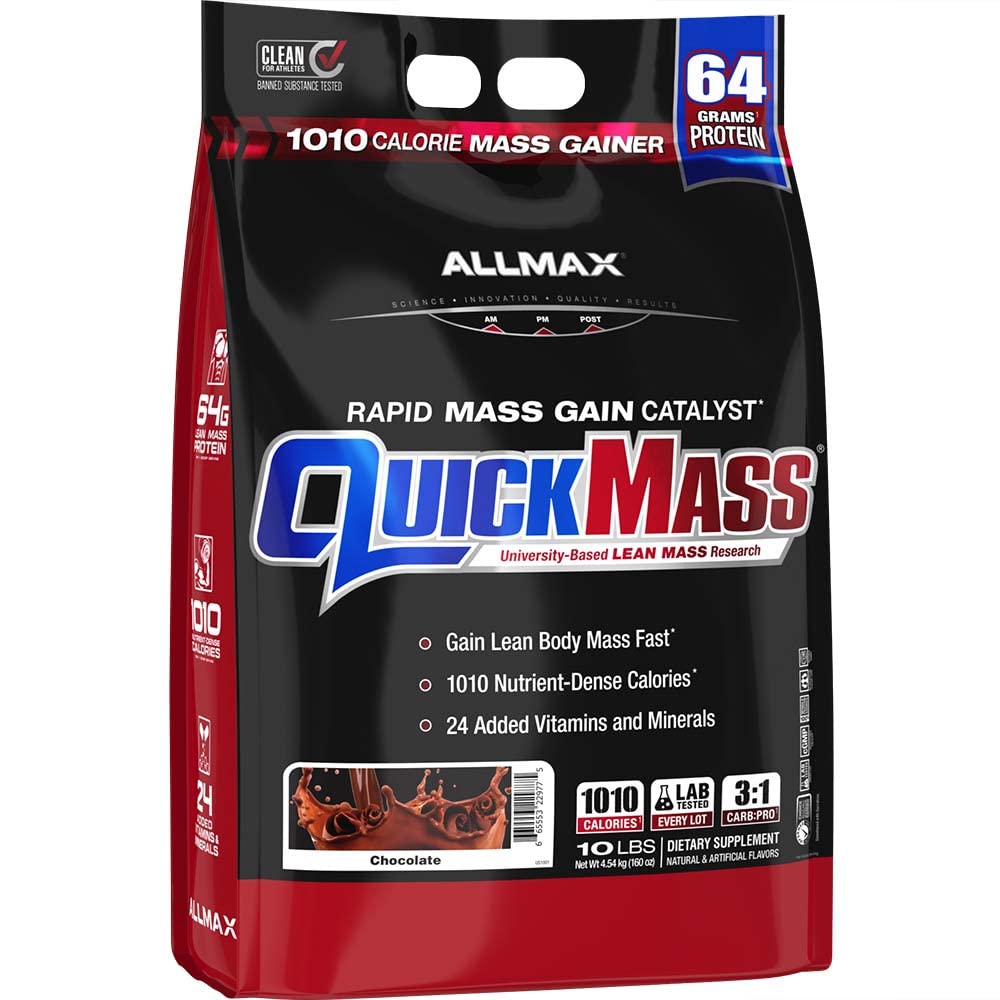 ALLMAX QUICKMASS, Chocolate - 10 lb - Rapid Mass Gain Catalyst - Upp till 64 Grams of Protein Per Serving - 3:1 Carb to Protein Ratio - Zero Trans Fat - Upp till 70 portioner