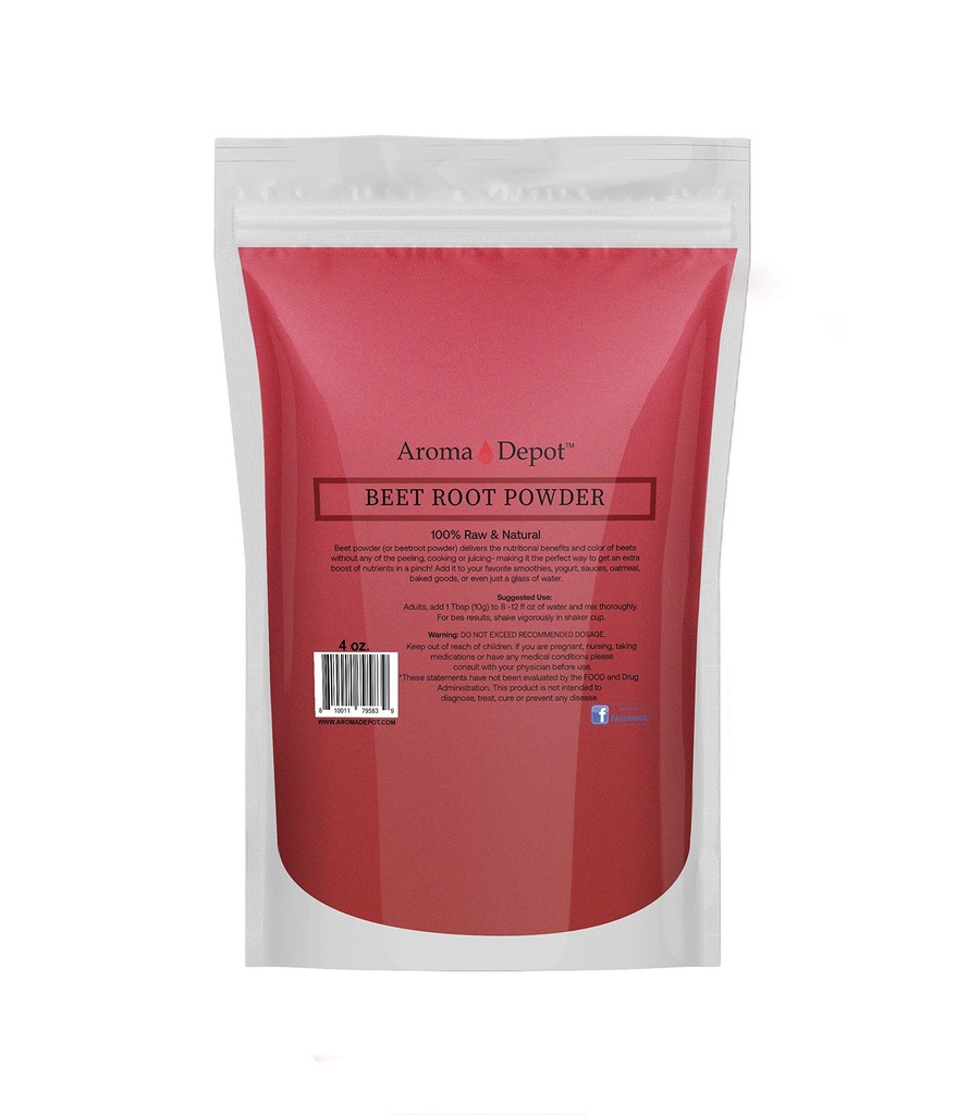 Beet Root Powder 4oz av Aroma Depot Raw & Non-GMO I Vegan & Gluten Free I Nitric Oxide Booster I Booster Stamina och ökar energi I Immune System Booster I 100% Naturlig