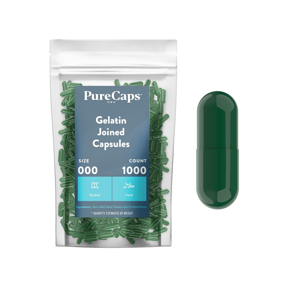 Purecaps USA - Empty Gelatin Pill Capsules Size 000| 1000 Joined Pills| Green| Non-GMO Certified | SLS, Gluten, Preservative Free
