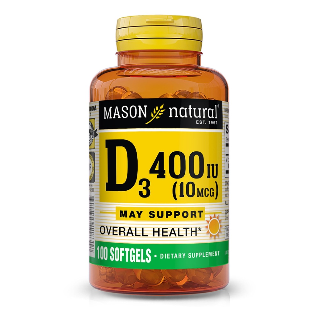 MASON NATURAL Vitamin D3 10 mcg (400 IE) - Stöder övergripande hälsa, stärker ben och muskler, 100 Softgels