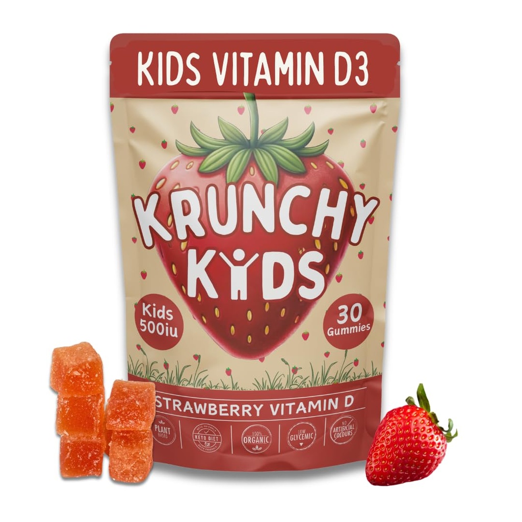 500IU Vitamin D3 Gummies - Organic, Plant-Based, Sugar-Free | Real Strawberry, Allulose, MCT-Oil, Agave | Stöder ben, immunitet, humör och sömn