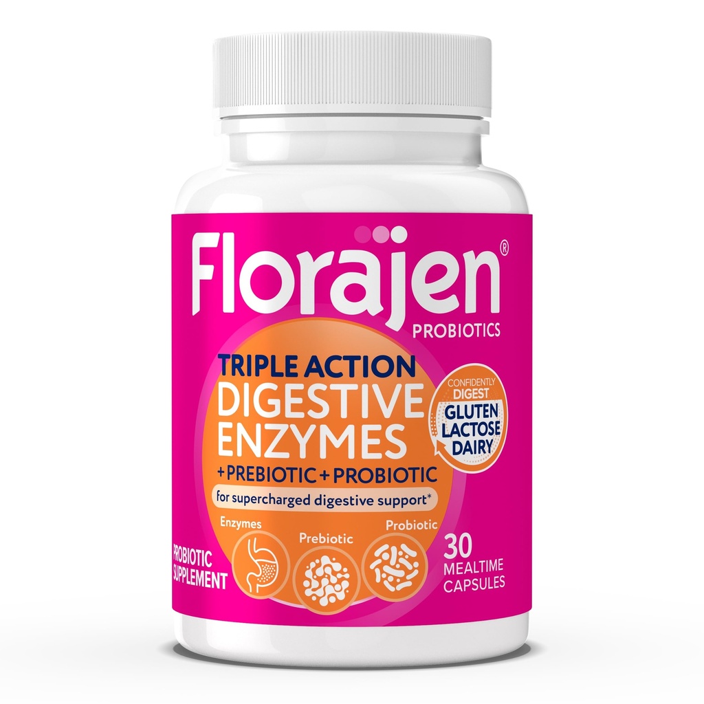 Florajen Digestive Enzymes med Probiotics & Prebiotics - Triple-Action Formel för Gut Health, Bloating & Gas Relief - Stöder Gluten & Dairy Digestion - Clean - Non-GMO - 30-Count