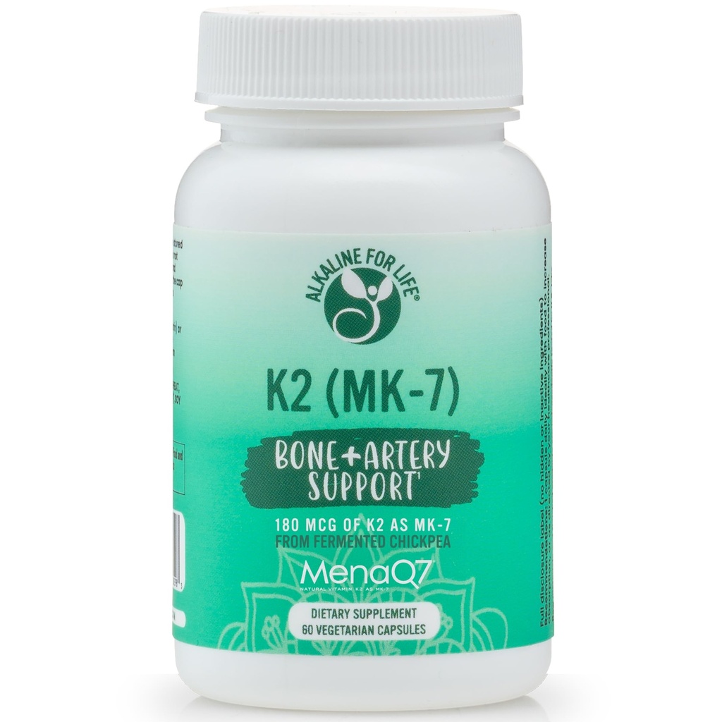Alkaliskt för livsvitamin K som MK-7 | Natur Vitamin K2 från Fermented Chickpeas MENAQ7 180 mcg | En-per dag | 60 Dag Supply Stöder Ben & Hjärt Hälsa | Lätt att Svälja