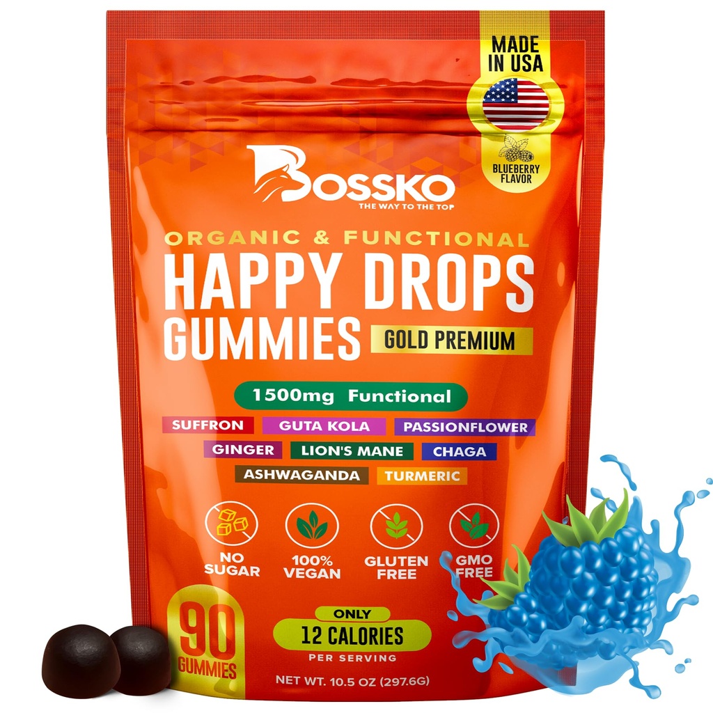 Happy Drops - Dagliga Superfood Gummies för humörstöd, fokus och energi - Sugar-Free, Vegan, Blueberry Flavor - 90 Gummies för vuxna - Dagligt stöd för humör, fokus och naturlig energi