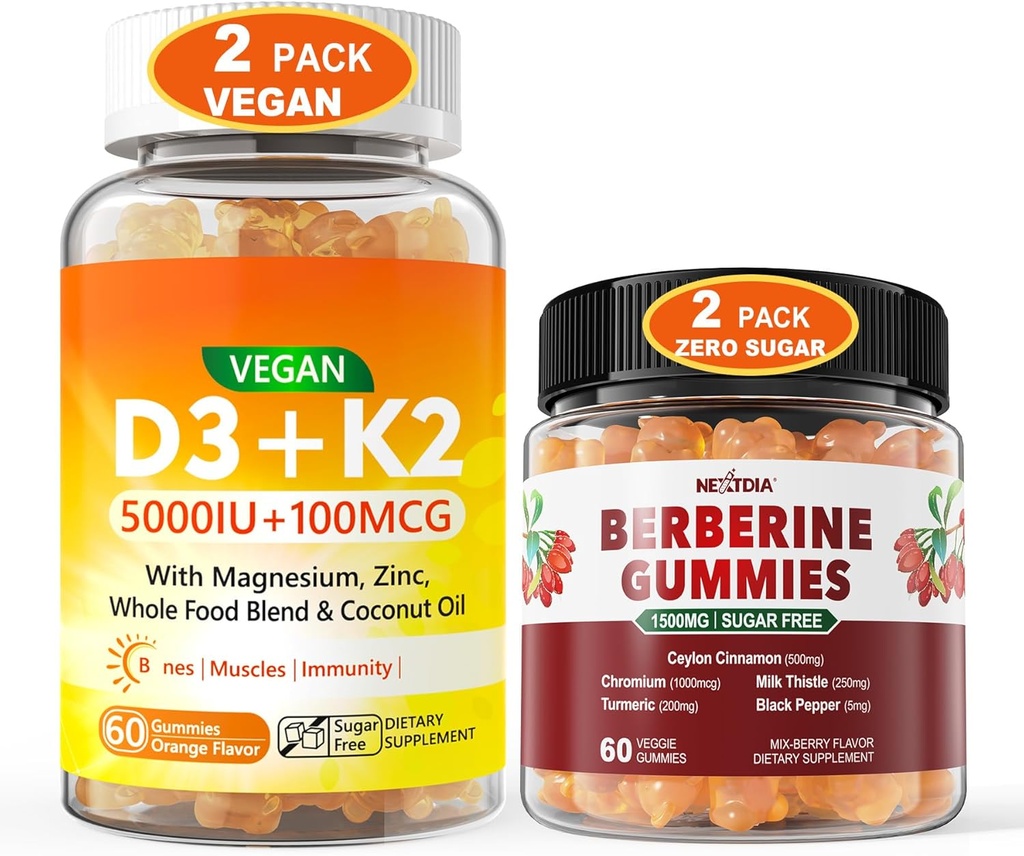 2Pack Vegan Vitamin D3 5000IU K2 Gummies + 2Pack Berberine Supplement 1500mg Gummies