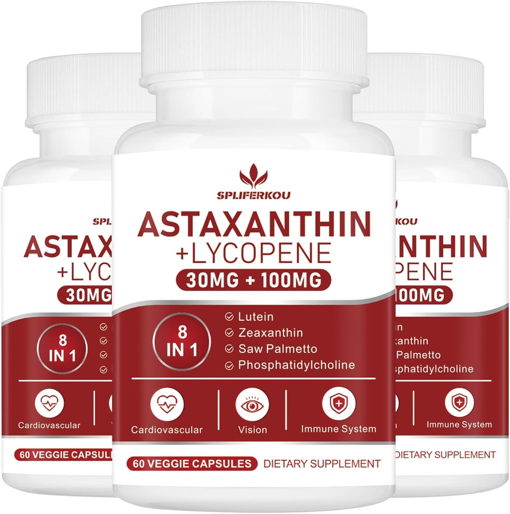 Astaxanthin och Lycopene 70mg,Astaxanthin Supplement med Phosphatidylcholine, Lutein och Zeaxanthin, kraftfulla antioxidanter Supplement (180 kapslar)
