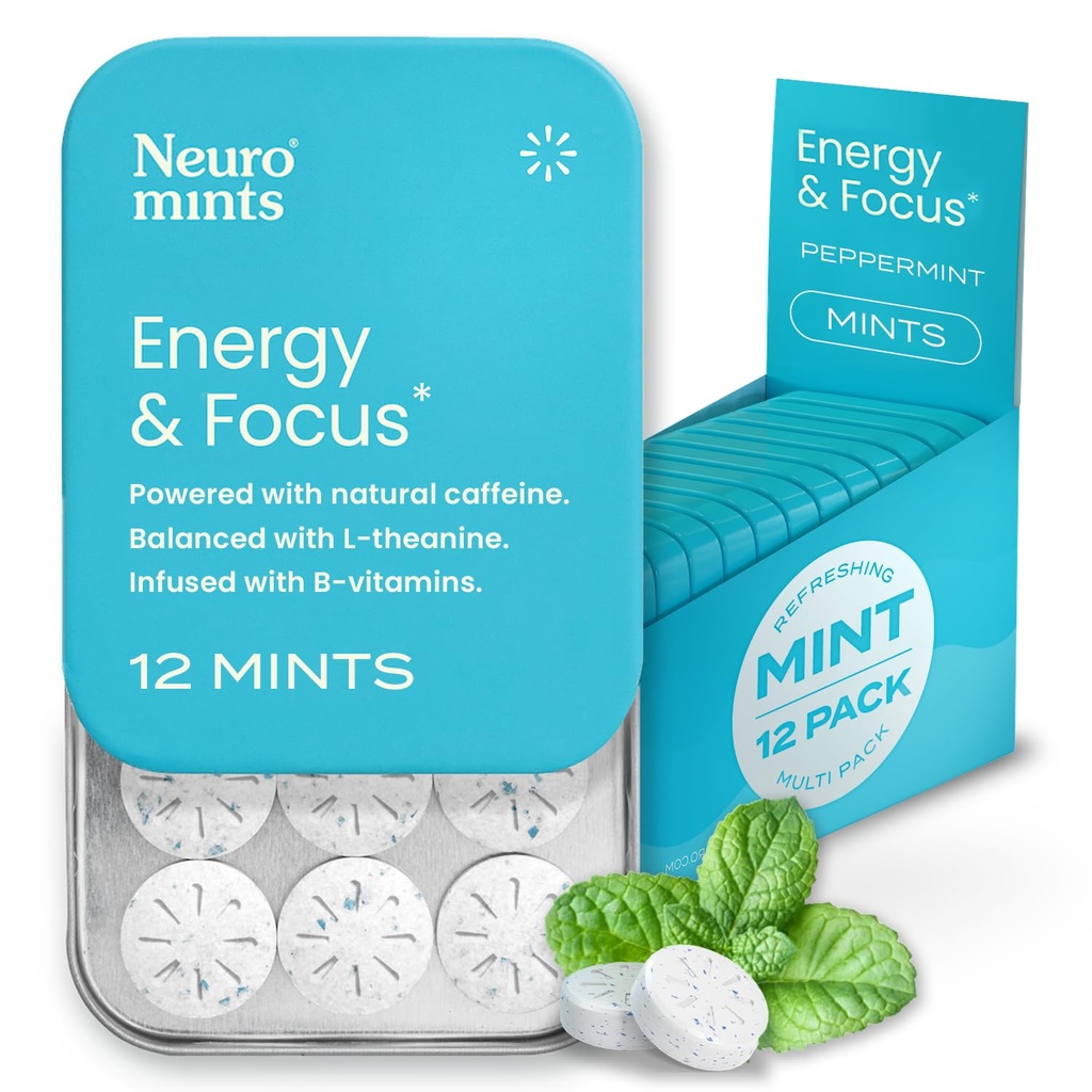 NeuroGum Energy Caffeine Mints (144 bitar) - Sockerfri med L-Theanin + naturkoffein + vitamin B12 & B6 - Nootropic Energy & Focus Supplement för kvinnor och män - Keto & Vegan, Peppermint smak