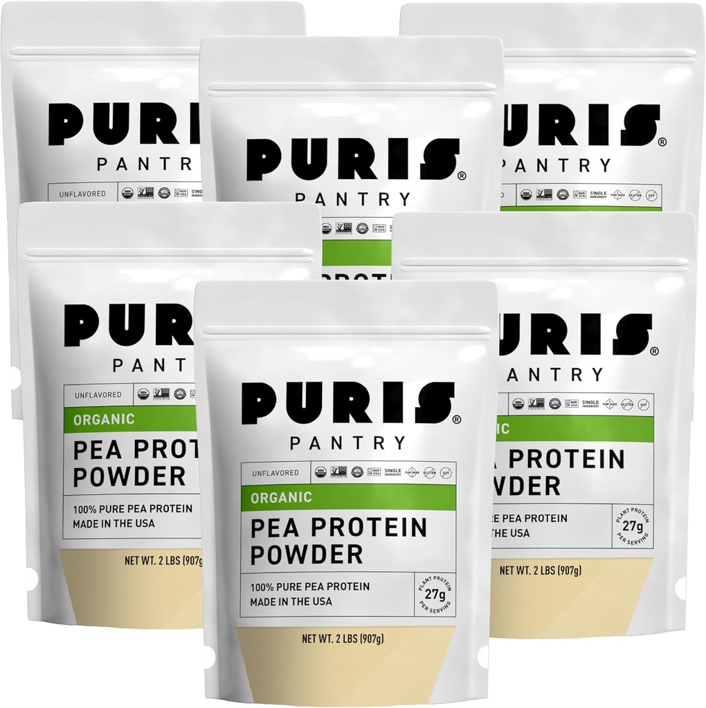 PURIS Organic Pea Protein Powder - USDA Organic Vegan Protein | 27g Plant Protein Per Serving | Non-GMO Gluten-Free Soy-Free | Clean Label | Smooth Taste | 2 lb (6 Pack)