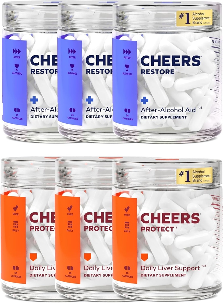 Cheers Liver Combo | Återställ + Skydda | Stöd din lever & må bättre efter att ha druckit | DHM, L-Cysteine, Milk Thistle, Prickly Pear, B-Vitaminer | 36 Doser Återställ, 90 Doser Skydda | Kosttillskott