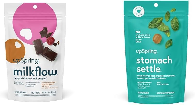 UpSpring Milkflow SoftChews, Breastfeeding Supplement med Fenugreek & Blessed Thistle + UpSpring Stomach Settle Drops för Occasional Nausea Relief / Upset Stomach med Ginger, Lemon, Spearmint och B6.