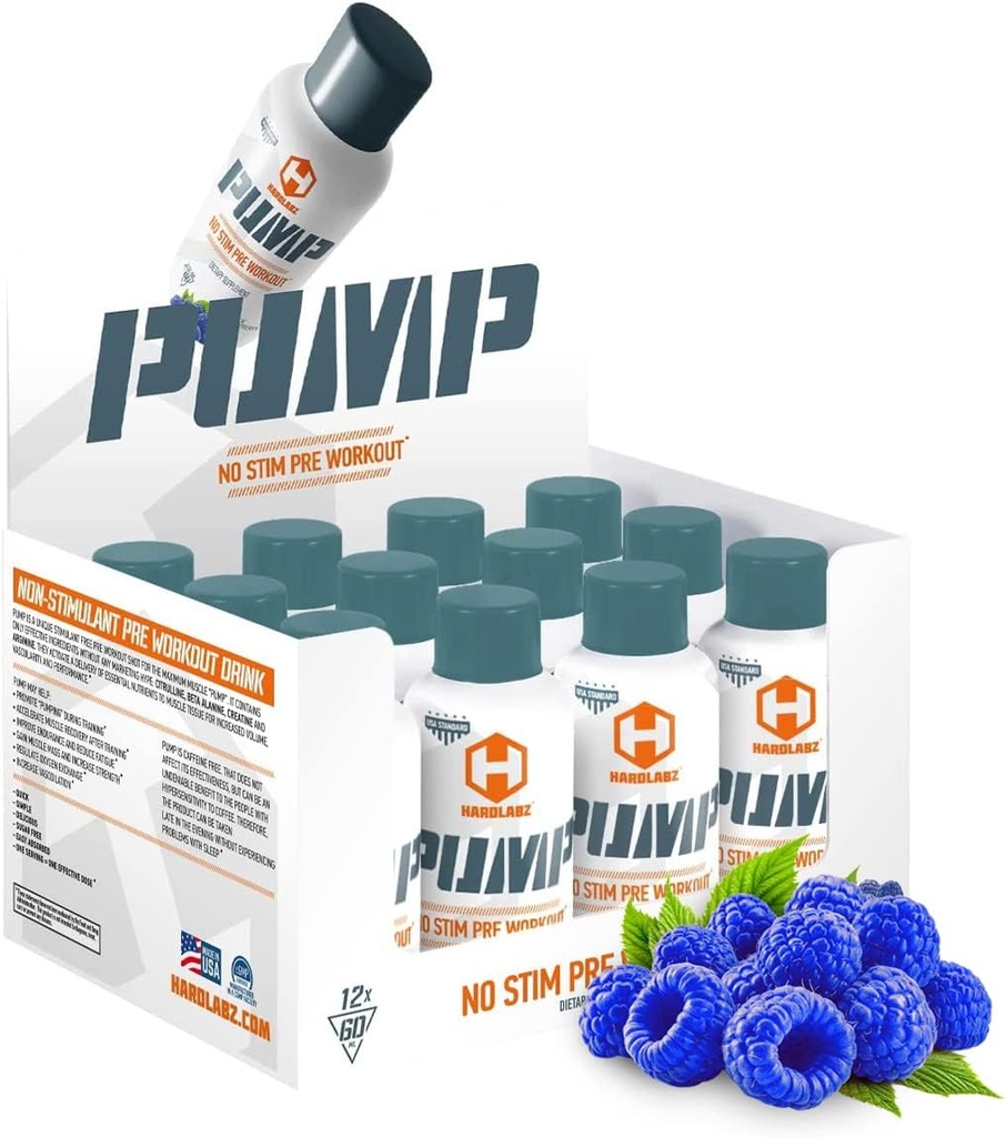 HARDLABZ PUMP – Non-Stimulant Caffeine Free Powerful Liquid Pre-Workout Energy Shot med Citrulline, Beta-Alanine, Kreatin, Arginin för styrka och uthållighet, Zero Sugar, 2oz - 12 Pack