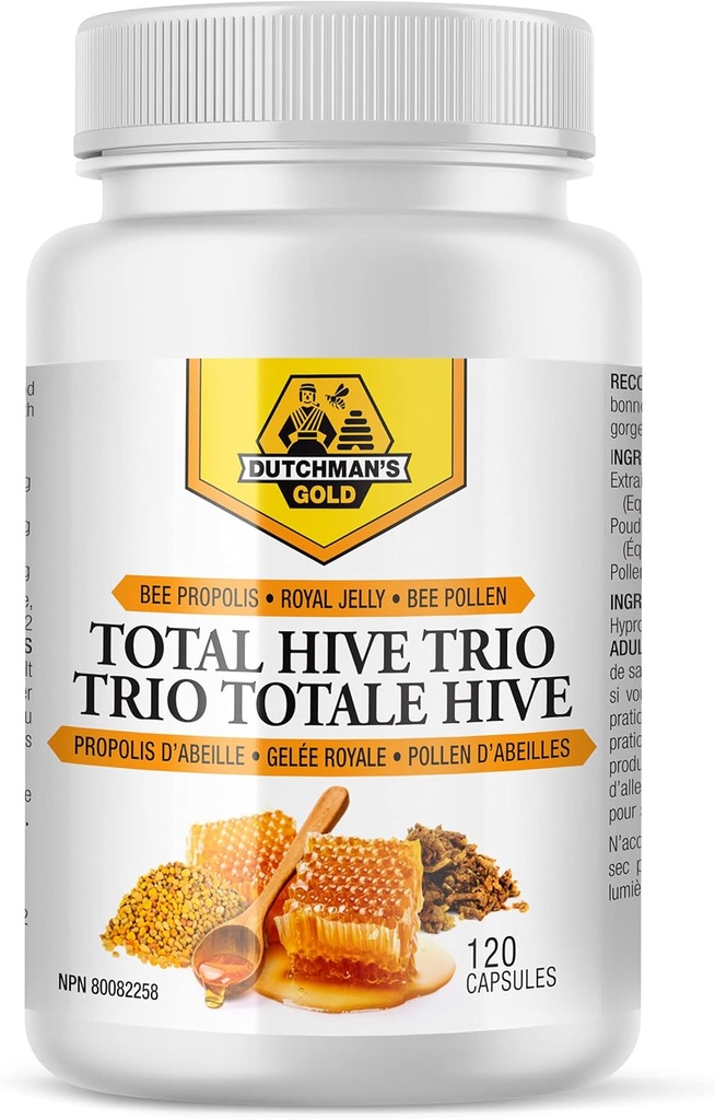Dutchman's Gold Total Hive Trio Capsules - 120 Veg Caps ungefär 30-60 portioner - Bee Pollen Royal Jelly & Propolis Supplement - Superfoods för antioxidant Immune Support - Natural Honey Mix