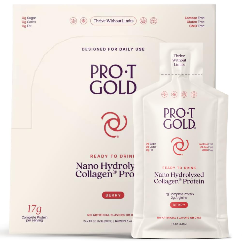 ProT Gold Liquid Collagen Protein Shot, 17g Clear Protein Nano-Hydrolyzed Grass Fed Collagen, 2g Arginine för Wound Support, Gluten Free, Sugar Free, 0g Carbs, Non GMO, Berry, 1 fl oz, 24 Pack