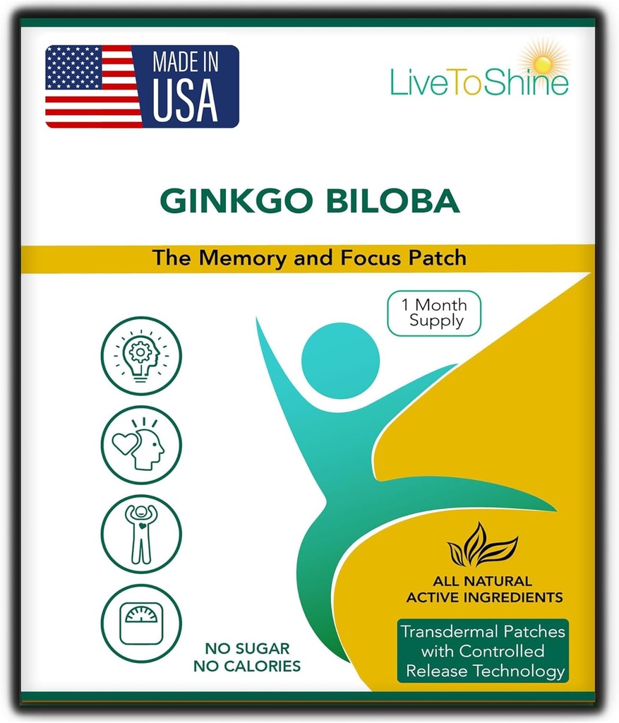 Live To Shine Ginkgo Biloba Patch - 30 Gingko Transdermal Patches - En månads leverans för kvinnor och män - USA Made