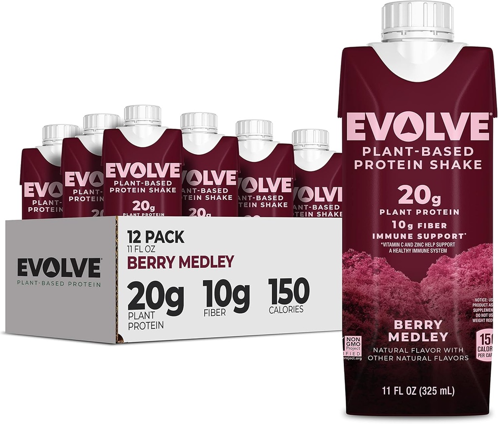 Evolve Plant Based Protein Shake, Berry Medley, 20g Vegan Protein, Immune Support, Vitamin C & Zink, Dairy Free, No Artificial Sweeteners, Non-GMO, 10g Fiber, 11oz, (12 Pack) (Formula May Vary)