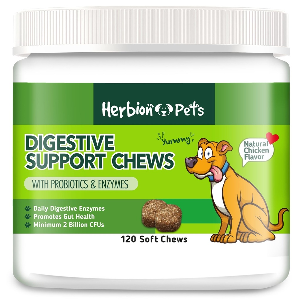 Herbion Pets Digestive Support Chews med Probiotics & Enzymes, 120 Soft Chews, med Daily Digestive Enzymes, för förbättrad Gut Health, Minsta 2 miljarder CFU, Made in USA for Dogs 12 Weeks+, Pack 1