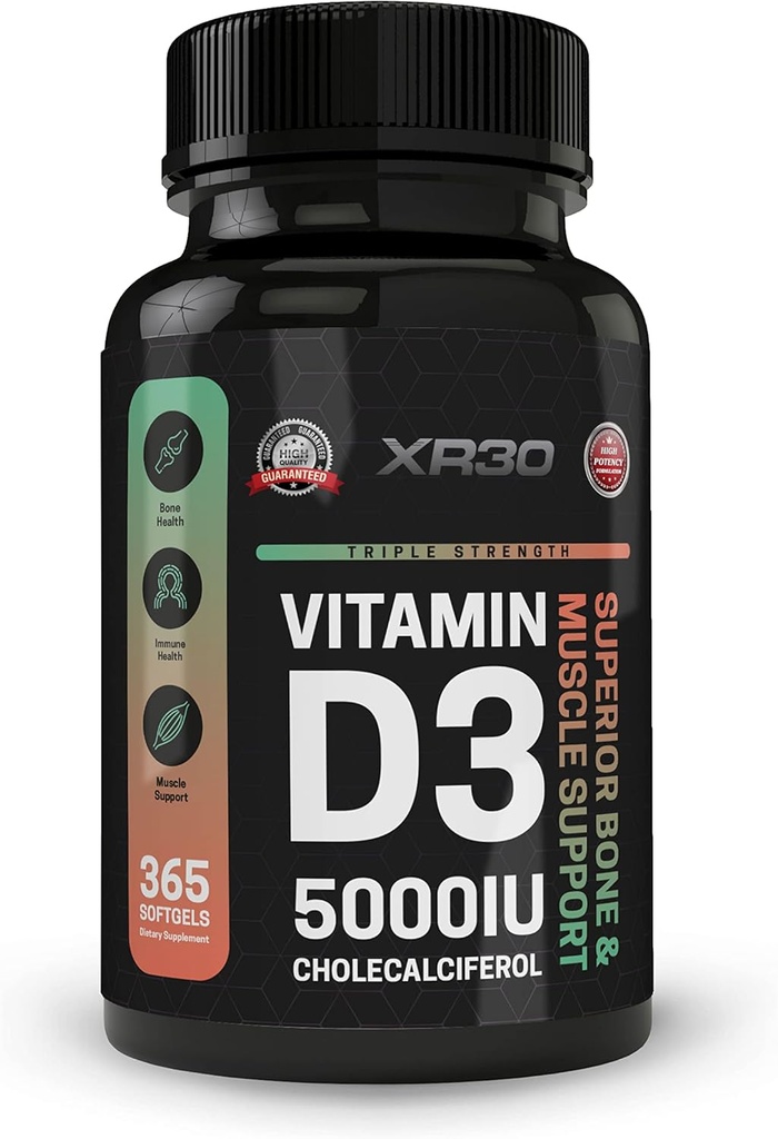 Vitamin D3 5000IU Cholecalciferol - Superior Bone & Muscle Support - 365 Softgels - Tillverkad i USA