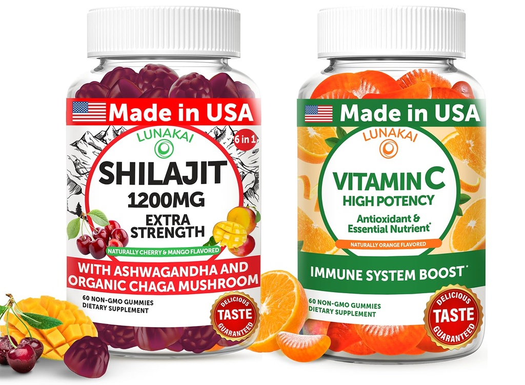 Lunakai USA Made Shilajit & Vitamin C High Potency Gummies Bundle - Energi och immunstöd - Icke-GMO & Utsökt