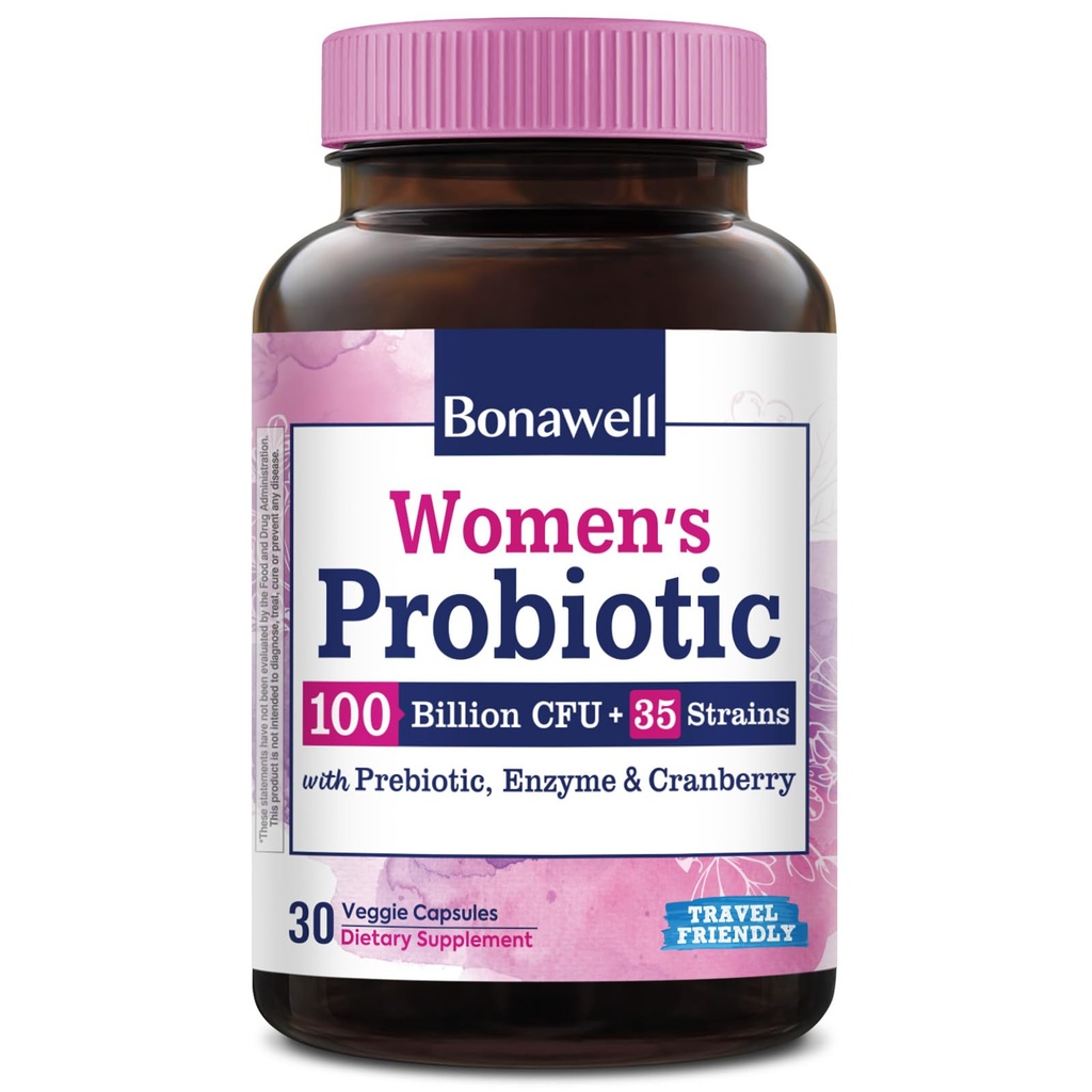 Bonawell Probiotics for Women 100B, med prebiotika, Digestive Enzymes & Organic Cranberry för kvinnlig vaginal hälsa, matsmältning och immunitet, Shelf-Stable, Delayed-Release, 30 Veggie Caps