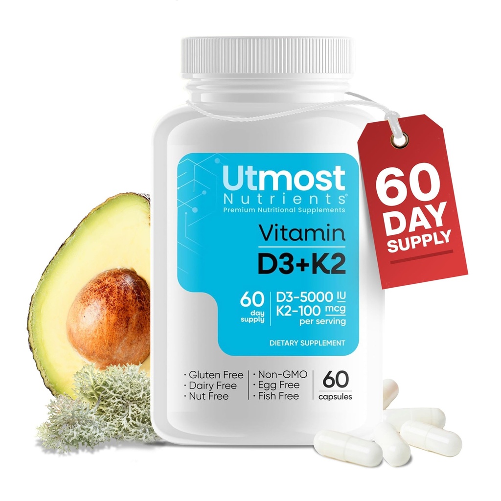 Vitamin D3 med K2-5000iu Vitamin D och 100 mcg Vitamin K Supplement i en kapsel för maximal biotillgänglighet - Förbättrar kalciumabsorption för kardiovaskulär, immun och benhälsa (60 kapslar)