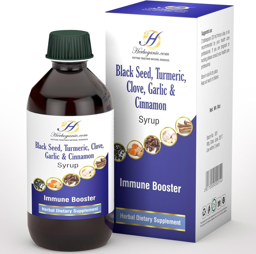 Elderberry Free Immune Support Syrup för barn och vuxna - Perfekt blandning av organisk svart frö, gurkmeja, handske, kanel och vitlök - Toddler Immune Booster utan organisk Elderberry Syrup