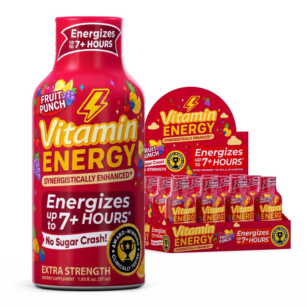 Vitamin Energy Immune+ Extra Strength Energy Shot Fruit Punch 12 Pack, 260mg Natural Caffeine, B-Vitaminer, Citicoline, Green Tea, Immunity & Focus Support, Zero Sugar, Gluten-Free 1,93 fl oz