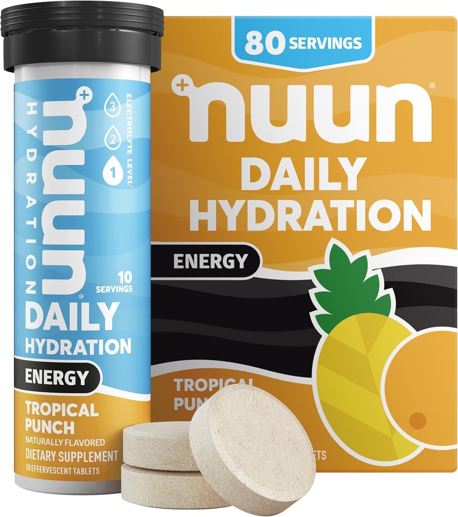 Nuun Energy Electrolyte tabletter med Ginseng, koffein från Green Tea Extract, Vitamin B12, B6, B5, Magnesium & 4 Andra Electrolytes, Gluten Free & Vegan, Tropical Punch, 8 Pack (80 portioner Total)