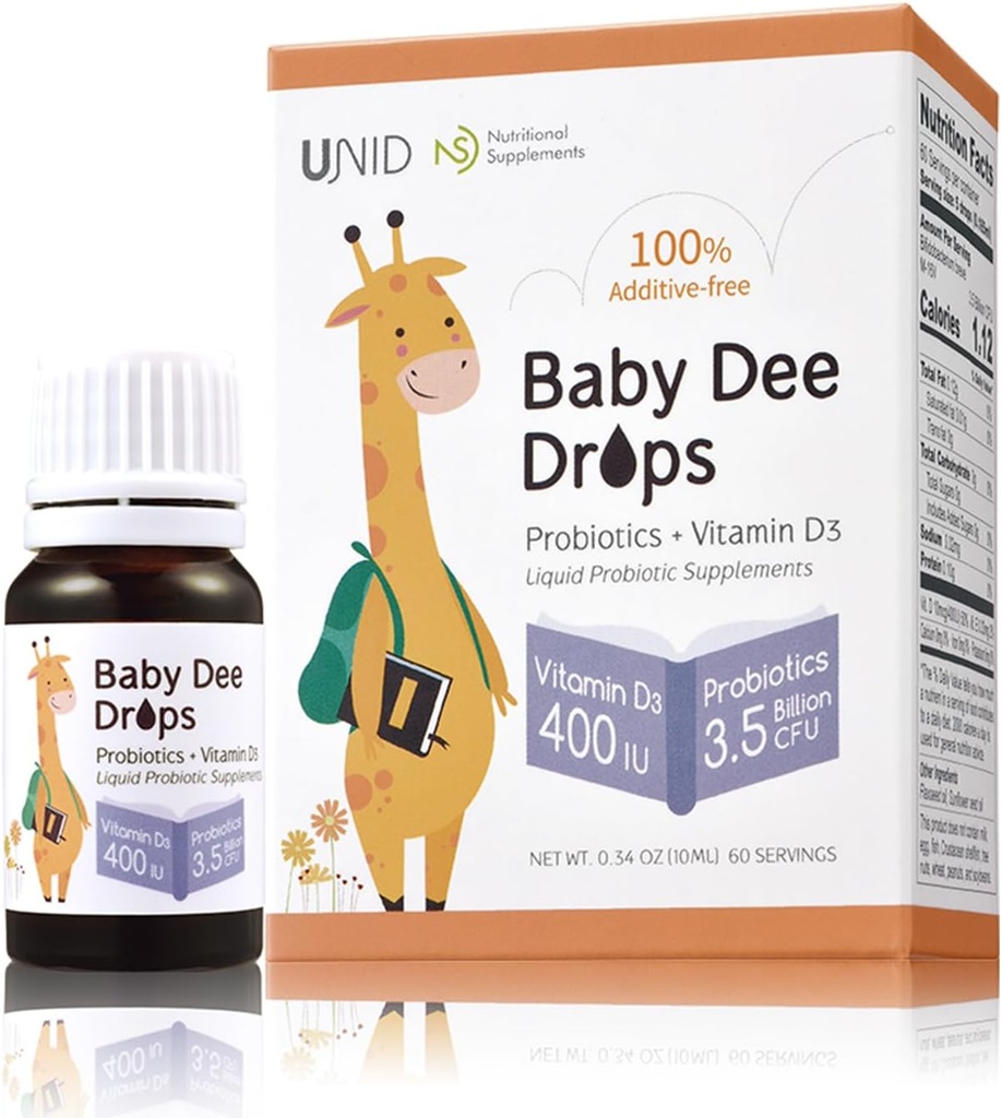 BabyDee Drops Probiotics (3,5 miljarder CFU) + Vitamin D3 (400 IE) | 100% Additive-Free Liquid Probiotic & Vitamin D3 för spädbarn, småbarn och alla åldrar | Immun & Digestive Support | 0,34 Fl Oz