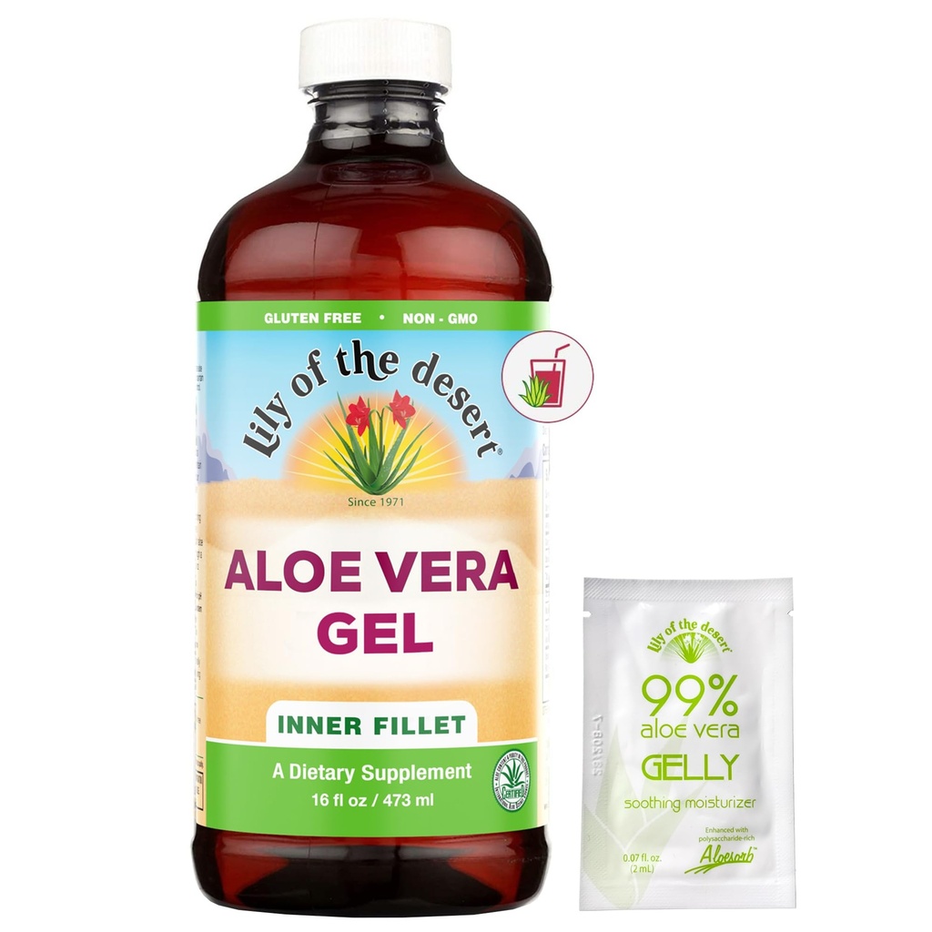 Lily of the Desert Aloe Vera Gel - Inre Fillet Filtered Aloe Vera Drink, Thicker Consistency,Digestive Enzymes for Gut Health, Stomach Relief, Wellness Glowing Skin 16 Fl Oz Gelly Sachet ingår.