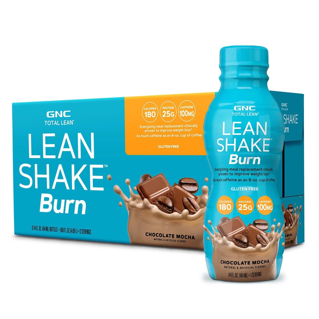 GNC Lean Shake Bränn med koffein, måltidsersättning, Chocolate Mocha, 25g Protein, kliniskt bevisad vikthantering, redo att dricka, Zero Added Sugar, 14 oz Bottles, Pack 12