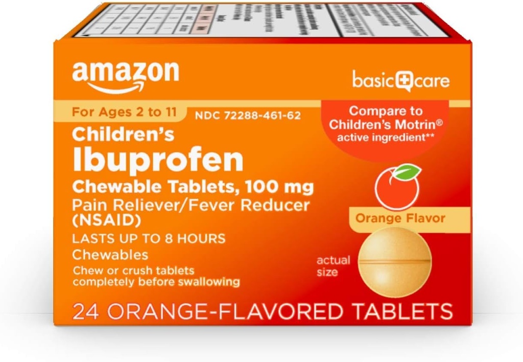 Grundläggande vård barns Ibuprofen Chewable tabletter, 100 mg, smärtstillande och feberreducer, orange smak, för värk, smärta, ont hals, toothache och huvudvärk, 24 greve