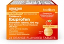 Grundläggande vård barns Ibuprofen Chewable tabletter, 100 mg, smärtstillande och feberreducer, orange smak, för värk, smärta, ont hals, toothache och huvudvärk, 24 greve