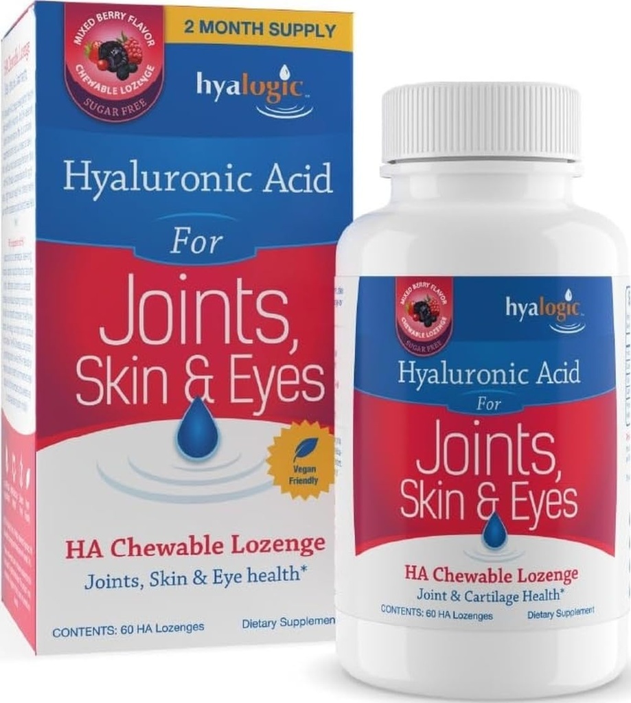 Hyalogic Hyaluronic Acid Chewable Lozenge - Chewable Tablets for Skin Care & Eyes - Vegan, Sugar-Free och Berry Favored Hyaluronic Acid Supplements (60 Count)