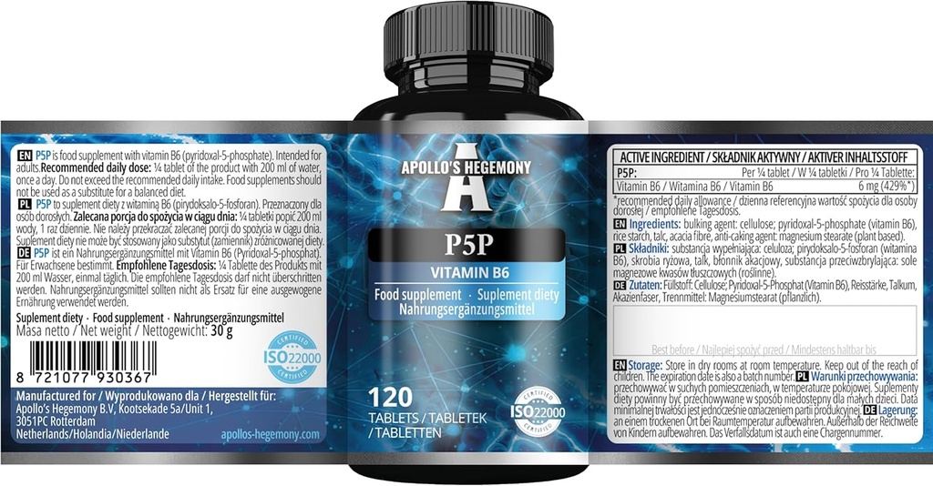 Pyridoxal-5-fosfat (P-5-P) 50 mg per tablett - 120 Vegan tabletter - Leverans för 480 portioner - Stöder nerv- och psykologiska funktioner -Vitamin B6 Diet Supplement - av Apollo Hegemony