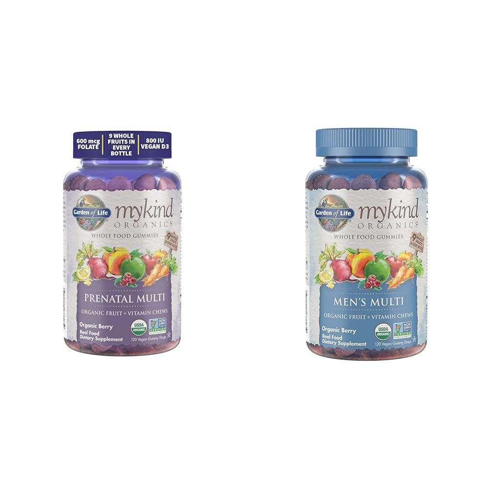 Garden of Life Organics Prenatal Gummies Multivitamin with Vitamin D3, B6, B12 & Organics Men's Gummy Vitamins Multi Berry, 120 Count