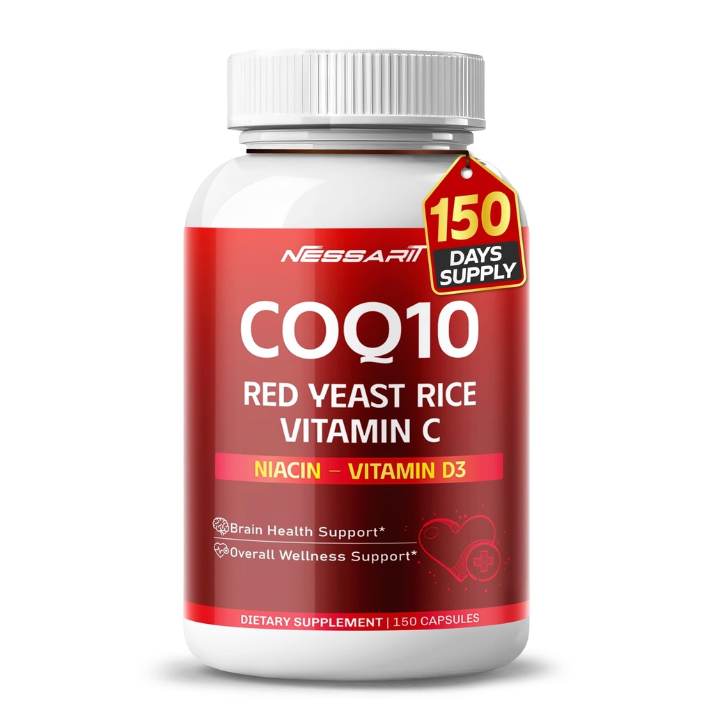 COQ10 + Red Yeast Rice Supplement - 10-i-1 Natural Blend med Omega 3 Vitamin B3, K2, D3, Zink Milk Thistle Black Pepper - 150 greve - Made & Tested i USA