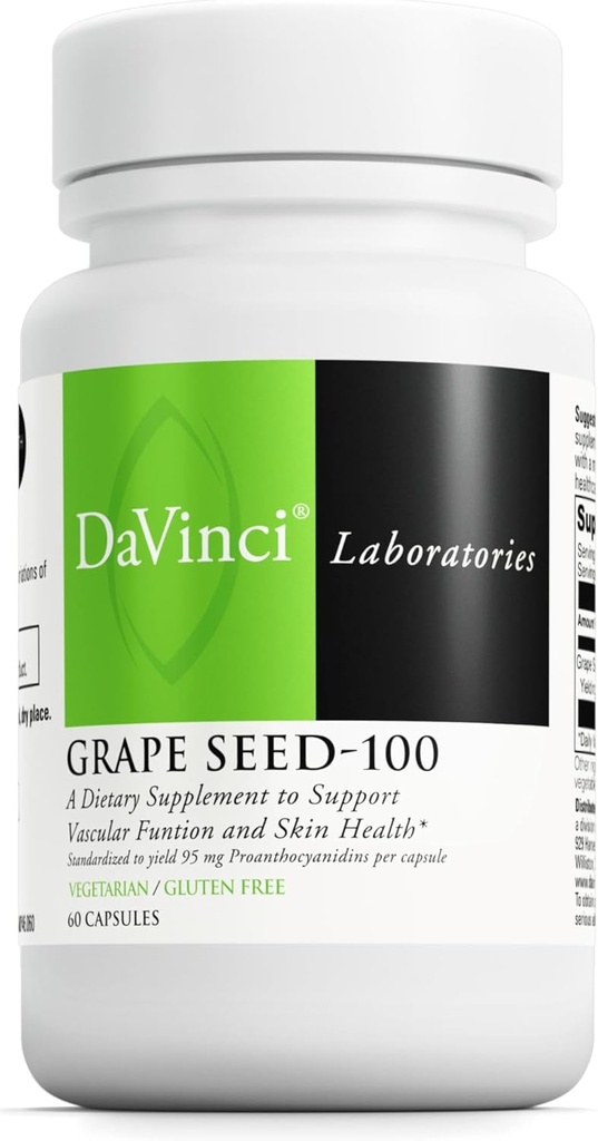DAVINCI Labs Grape Seed-100 - Kosttillskott för att stödja immunsystem, vaskulär funktion och hälsosam hud * - med 100 mg Grape Seed Extract per servering - Glutenfri - 60 vegetariska kapslar