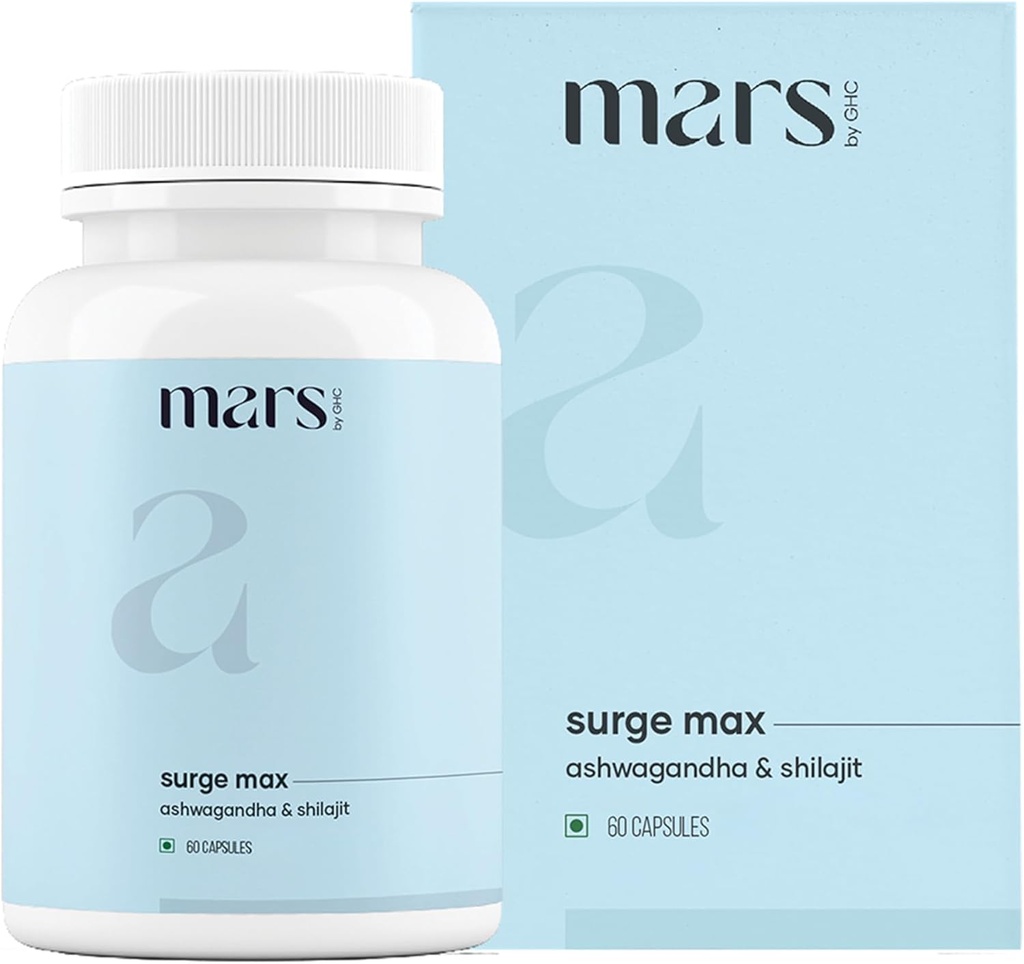 Mars Surgemax Natural Capsules med Shilajit & Safed Musli stöder energi, styrka och immunitet | för aktiv livsstil | 60 kapslar | Förpackning med 1