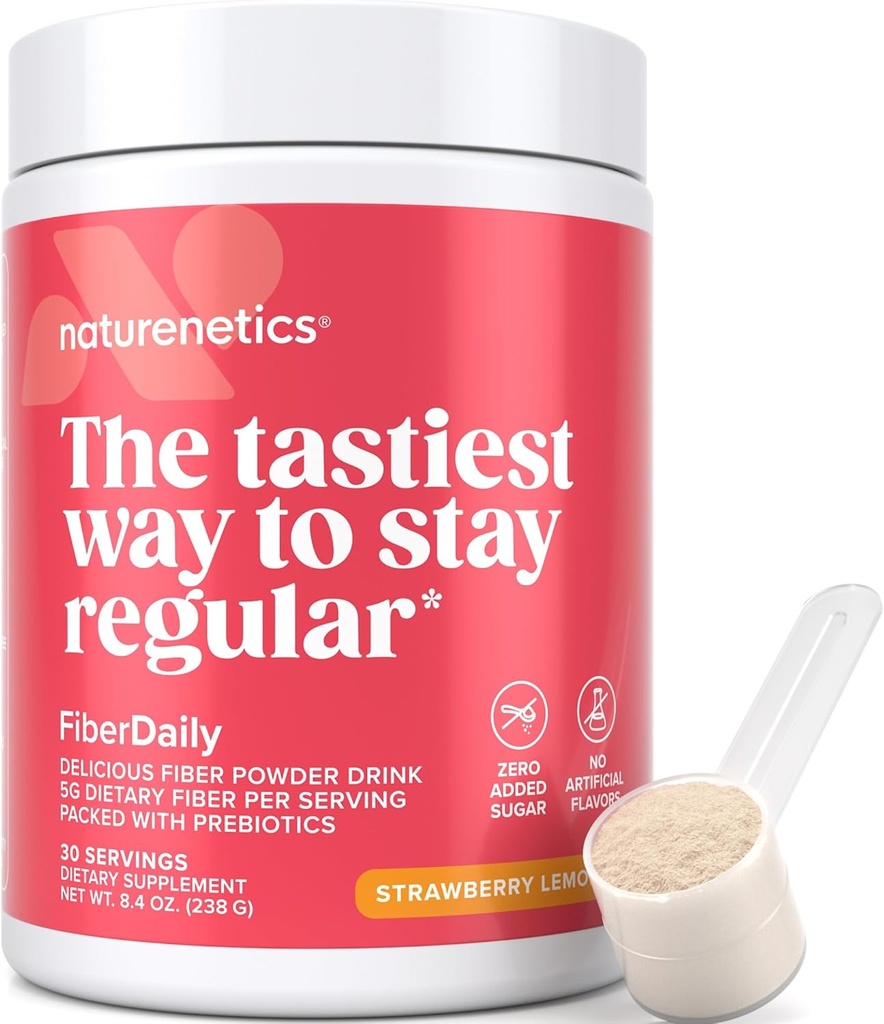 FiberDaily Delicious Fiber Powder - Organic Psyllium Husk, Agave Inulin & Sunfiber® Guar Guar Gum Strawberry Lemonade Drink, Sugar Free, Soluble Fiber, Prebiotic Fiber Supplement, Vegan, 1 månads leverans
