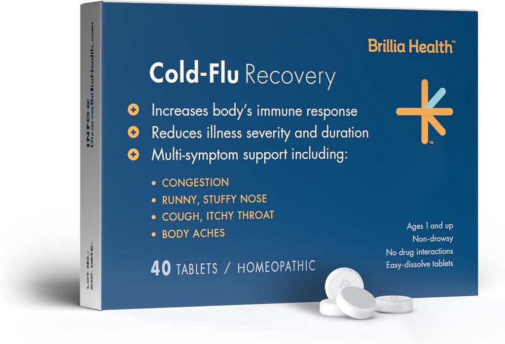Brillia Health - Cold-Flu Recovery - 40 tabletter - Homeopatisk Cold-Flu Relief - Ger kliniskt-Proven Relief för Cold, Flu & Cough - för vuxna och barn