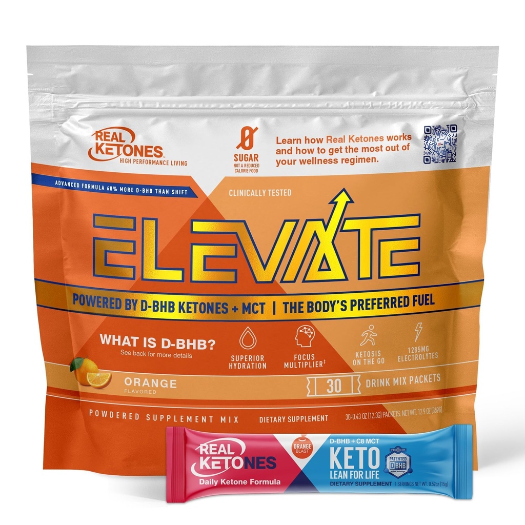 Real Ketones MCT & BHB Exogena Ketones Drink Mix Packets Elevate Keto Electrolytes Powder Packets No Sugar med 4 Main Electrolytes Plus Hydrating Proprietary Keto BHB - 30 Pack Orange