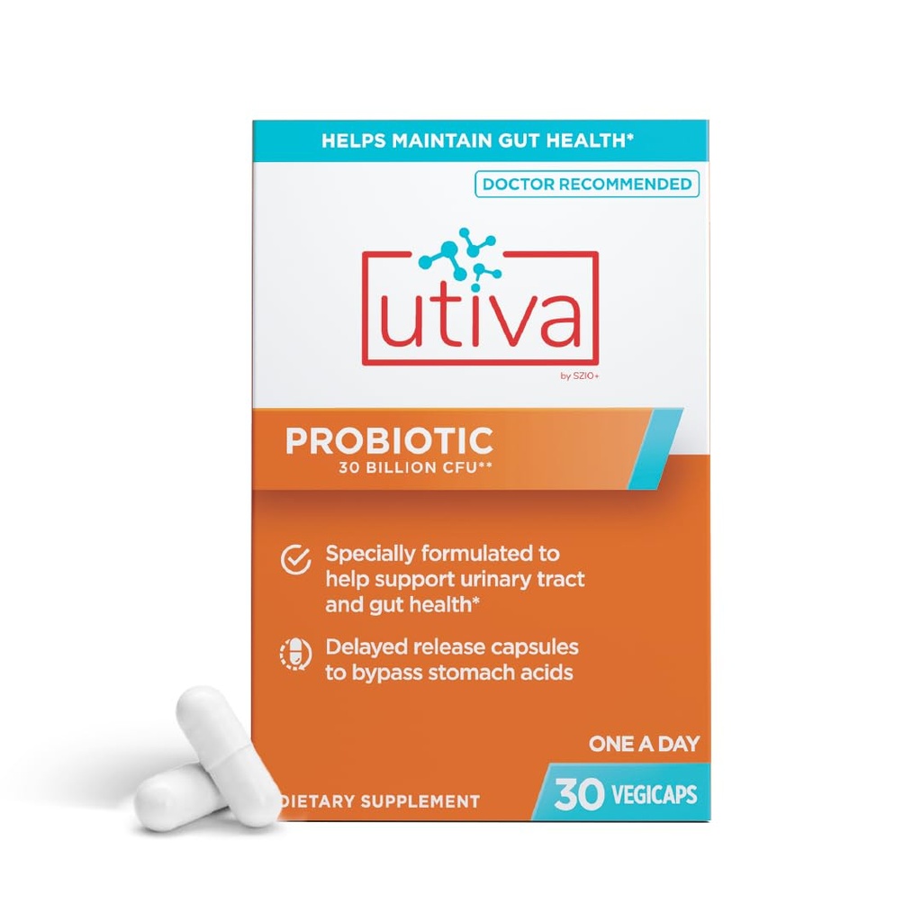 Szio+ Utiva Probiotic – Urinary Tract and Gut Health Supplement – 12 miljarder CFU Lactobacillus & Bifidobacterium Probiotic för män och kvinnor, 30 försenade Release Vegi Capsules